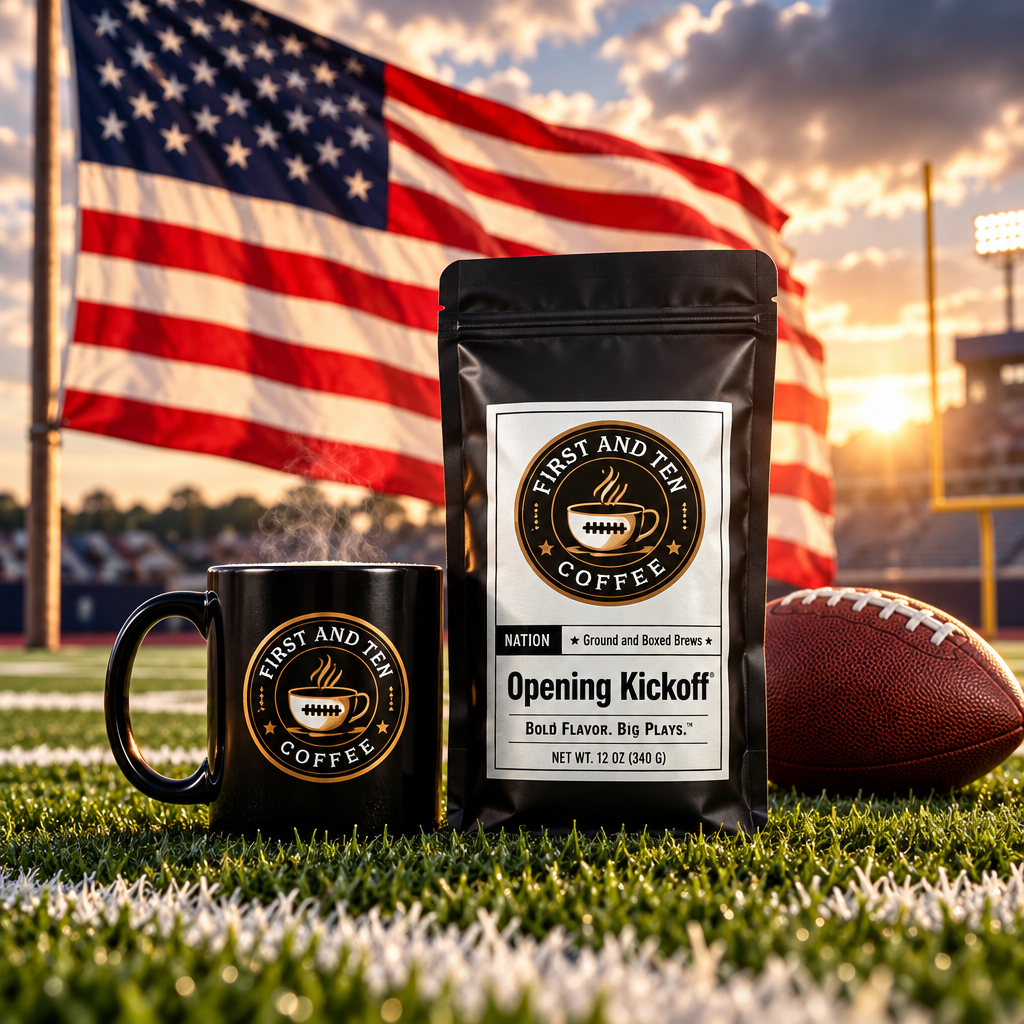 A black coffee pouch labeled 'FIRST AND TEN COFFEE' and a matching black mug sit on grass at a football stadium, with an American flag, football, and sunset sky in the background.