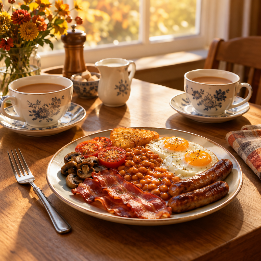 English Breakfast on a kitchen table with tea cups and fall morning sunlight